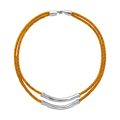 Collar choker de 17cm en trenza redonda de 4 hilos de piel natural de borrego con 2 cilindros moldeados en baño de rodio - Joyería y bisutería fina