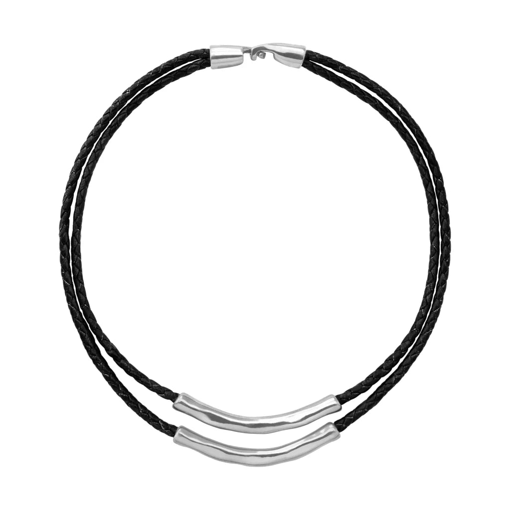 Collar choker de 17cm en trenza redonda de 4 hilos de piel natural de borrego con 2 cilindros moldeados en baño de rodio - Joyería y bisutería fina