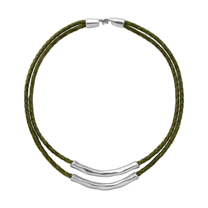 Collar choker de 17cm en trenza redonda de 4 hilos de piel natural de borrego con 2 cilindros moldeados en baño de rodio - Joyería y bisutería fina