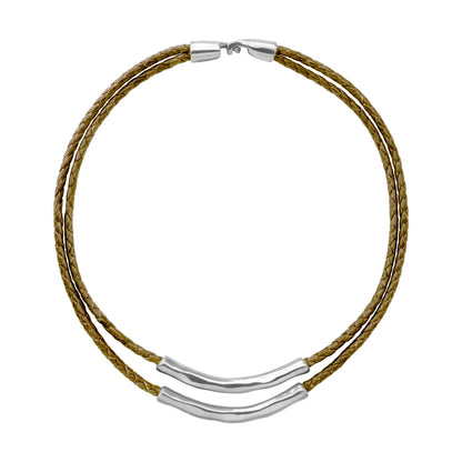 Collar choker de 17cm en trenza redonda de 4 hilos de piel natural de borrego con 2 cilindros moldeados en baño de rodio - Joyería y bisutería fina