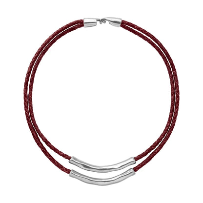 Collar choker de 17cm en trenza redonda de 4 hilos de piel natural de borrego con 2 cilindros moldeados en baño de rodio - Joyería y bisutería fina