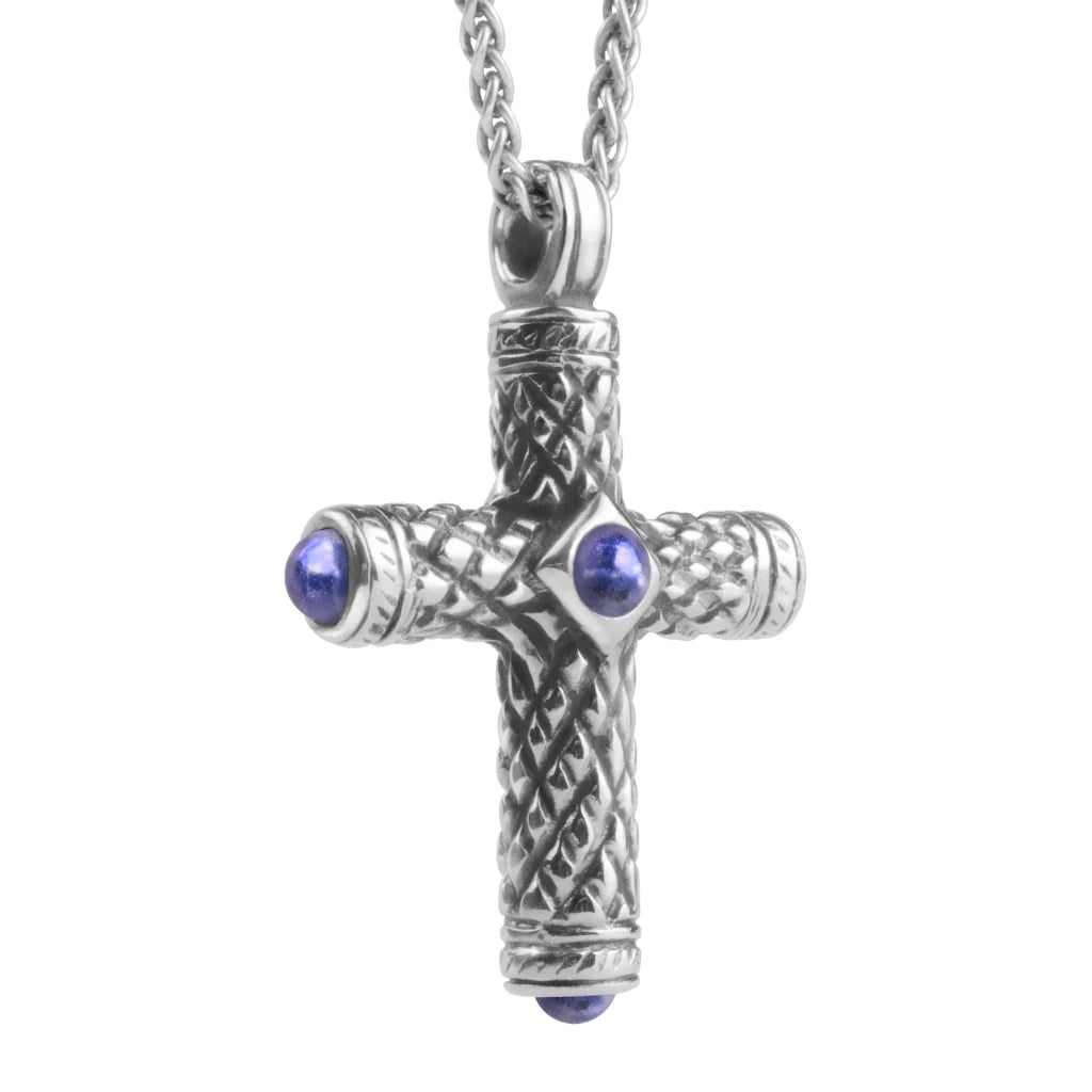 Collar de 42cm, con piedras de 6mm, con dije de cruz y cadena torsal terminado de acero anticado - Joyería y bisutería fina