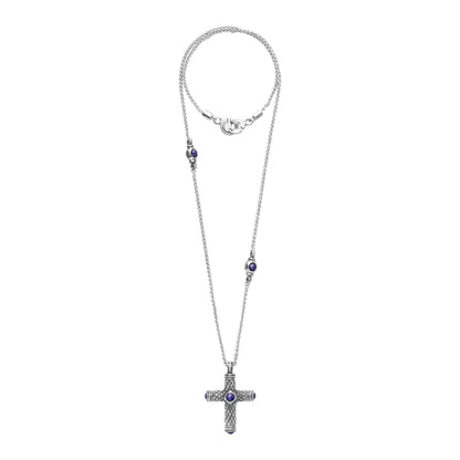 Collar de 42cm, con piedras de 6mm, con dije de cruz y cadena torsal terminado de acero anticado - Joyería y bisutería fina