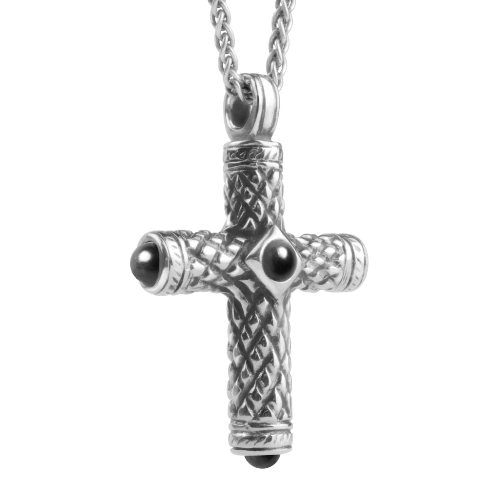 Collar de 42cm, con piedras de 6mm, con dije de cruz y cadena torsal terminado de acero anticado - Joyería y bisutería fina
