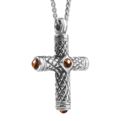 Collar de 42cm, con piedras de 6mm, con dije de cruz y cadena torsal terminado de acero anticado - Joyería y bisutería fina