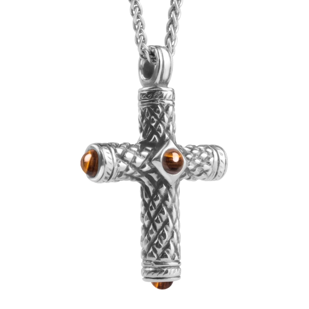 Collar de 42cm, con piedras de 6mm, con dije de cruz y cadena torsal terminado de acero anticado - Joyería y bisutería fina