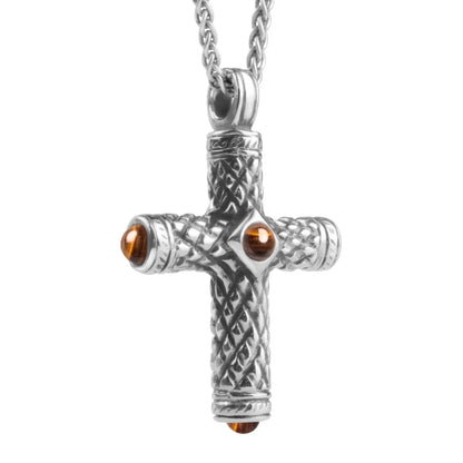 Collar de 42cm, con piedras de 6mm, con dije de cruz y cadena torsal terminado de acero anticado - Joyería y bisutería fina