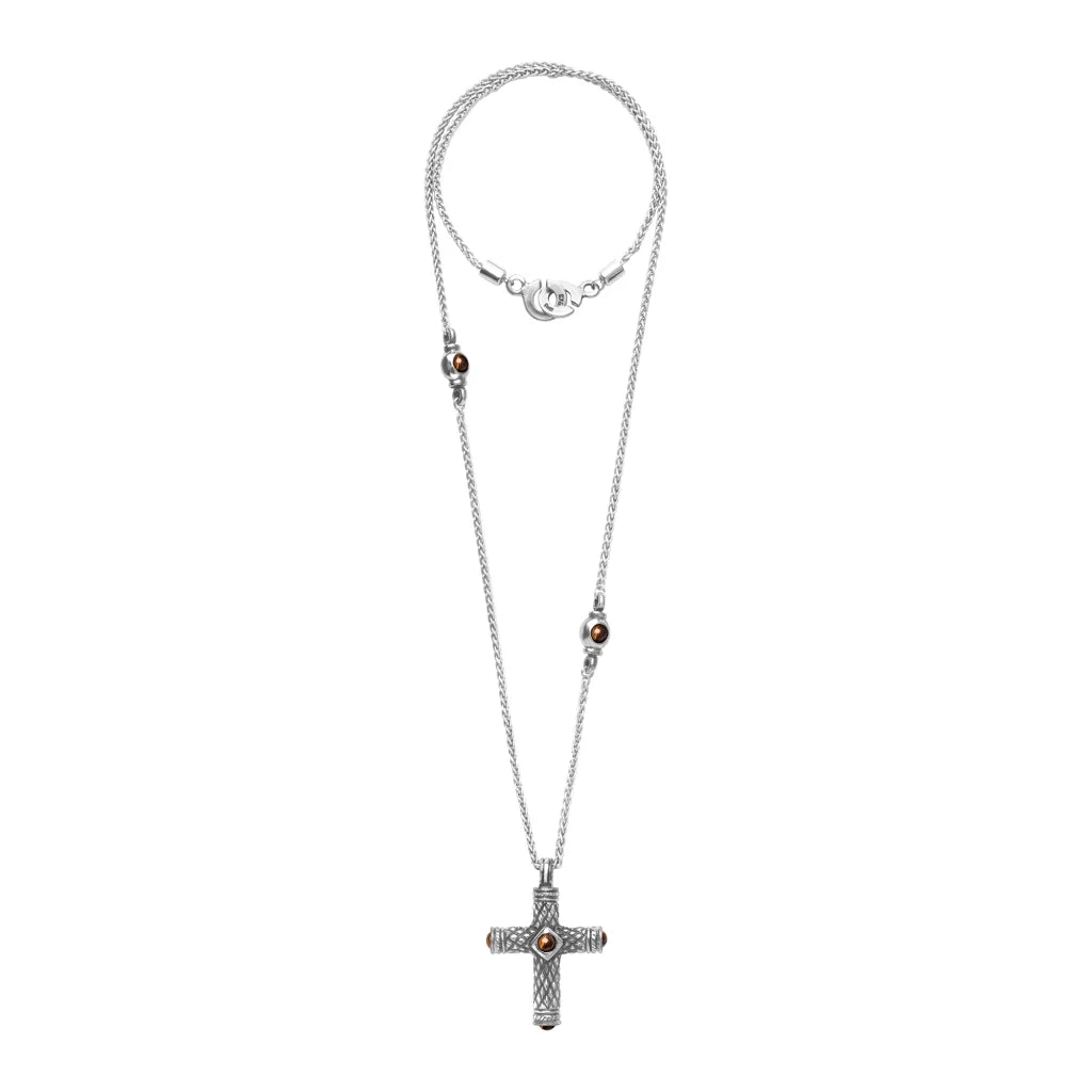 Collar de 42cm, con piedras de 6mm, con dije de cruz y cadena torsal terminado de acero anticado - Joyería y bisutería fina