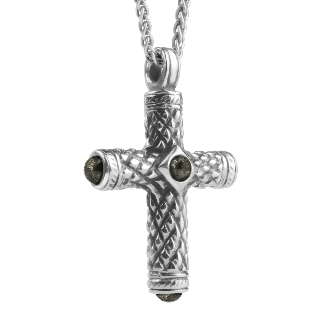 Collar de 42cm, con piedras de 6mm, con dije de cruz y cadena torsal terminado de acero anticado - Joyería y bisutería fina