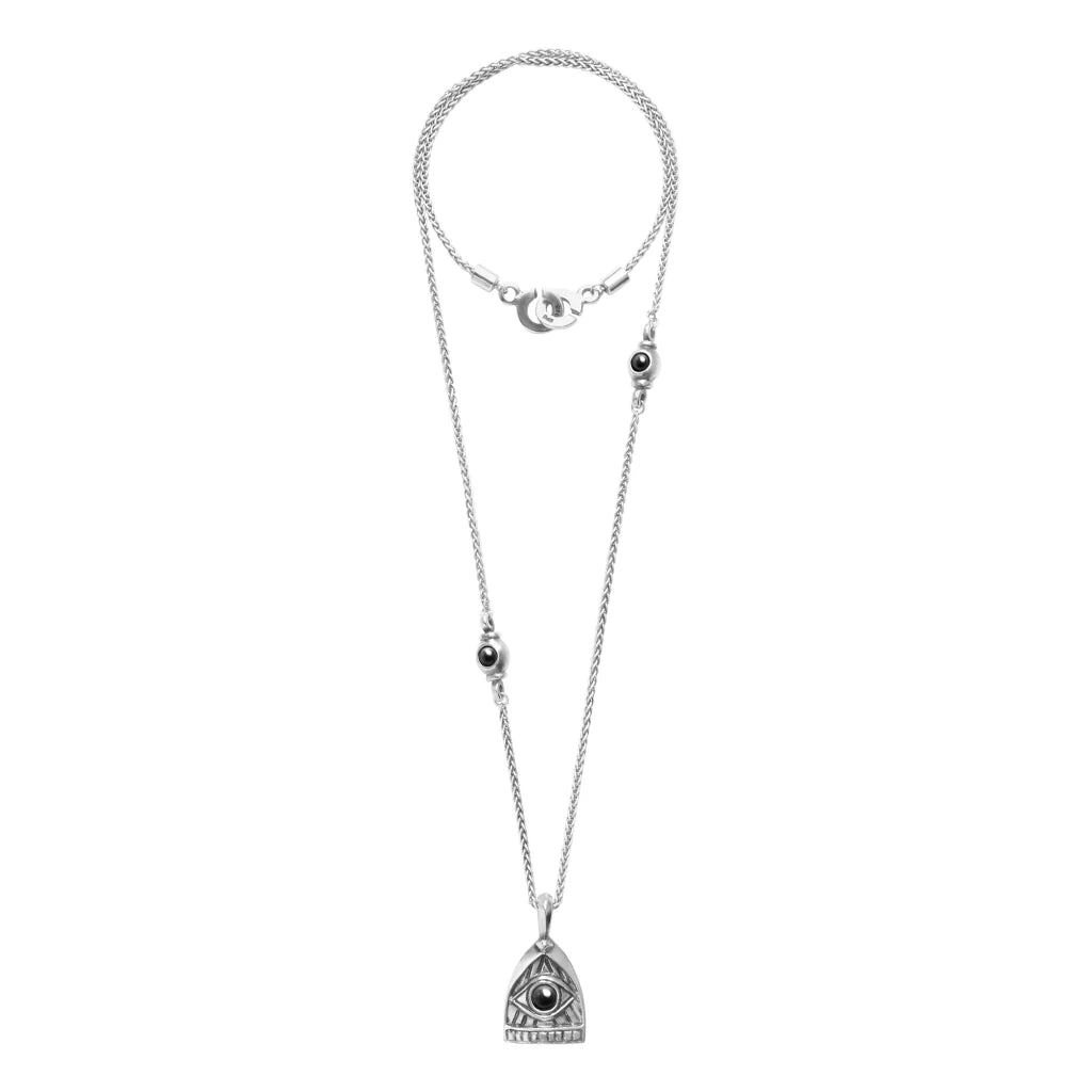 Collar de 42cm, con piedras de 6mm, con cadena torsal y dije de ojo en terminado de acero anticado - Joyería y bisutería fina