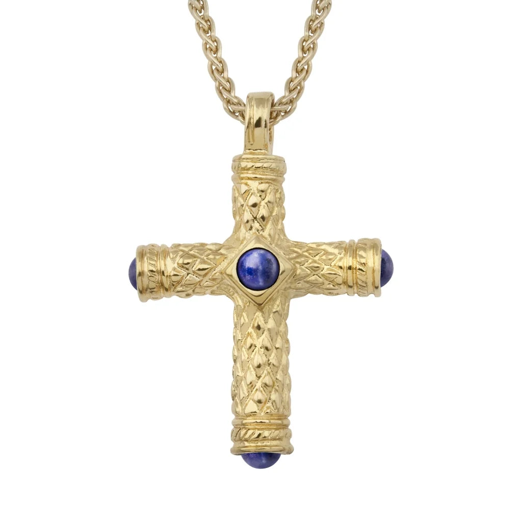 Collar de 36cm, con piedras de 6mm, con dije de cruz y mini donas en terminado de acero anticado en baño de oro de 22K - Joyería y bisutería fina