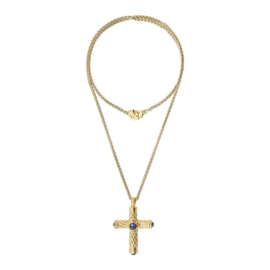 Collar de 36cm, con piedras de 6mm, con dije de cruz y mini donas en terminado de acero anticado en baño de oro de 22K - Joyería y bisutería fina
