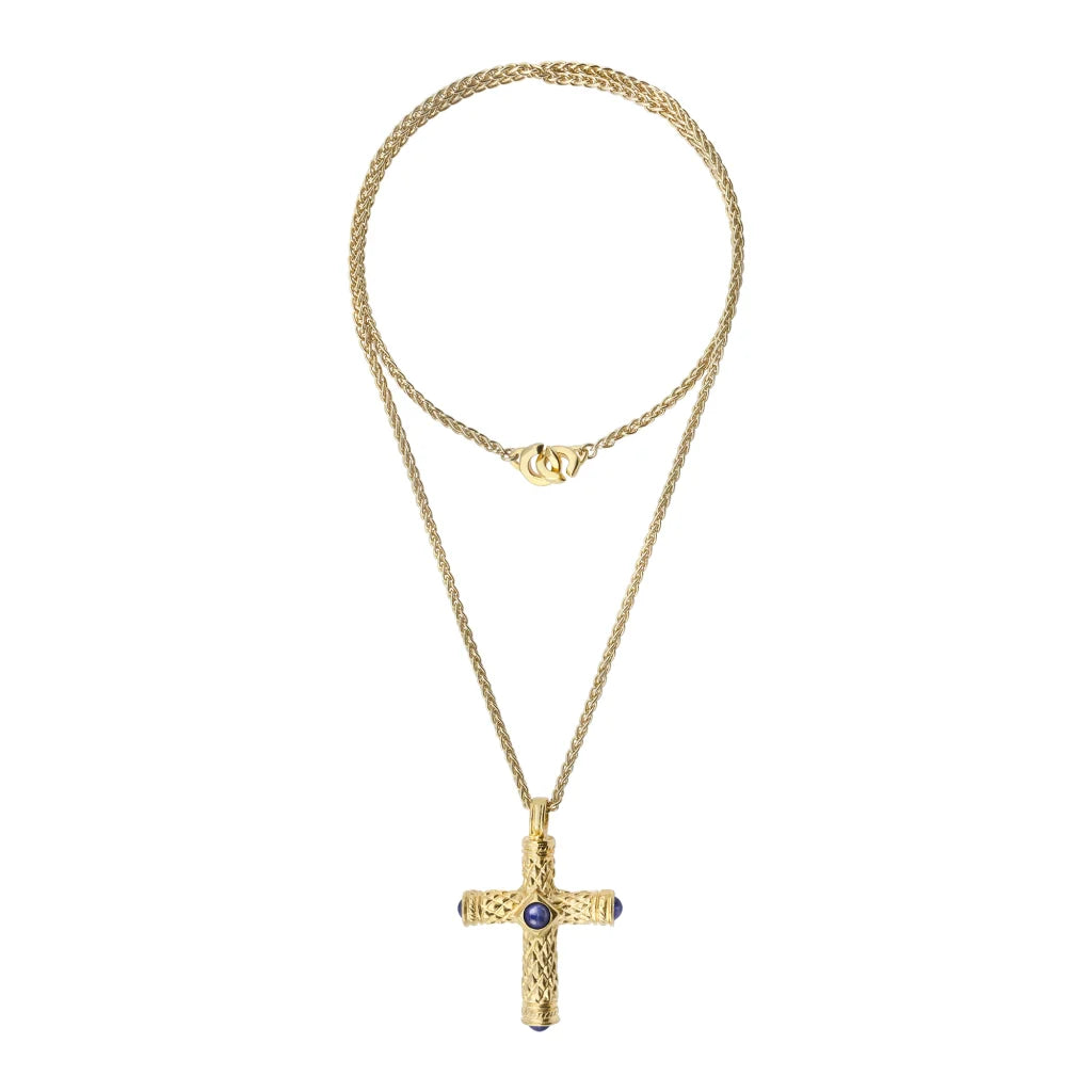 Collar de 36cm, con piedras de 6mm, con dije de cruz y mini donas en terminado de acero anticado en baño de oro de 22K - Joyería y bisutería fina