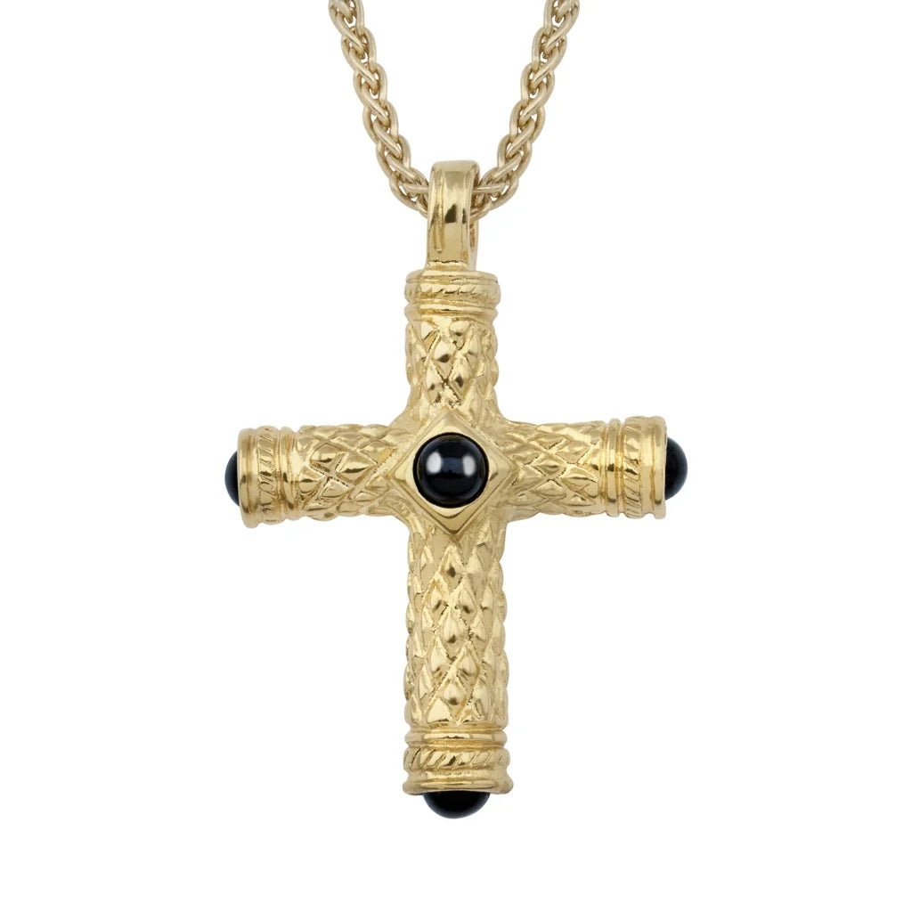 Collar de 36cm, con piedras de 6mm, con dije de cruz y mini donas en terminado de acero anticado en baño de oro de 22K - Joyería y bisutería fina