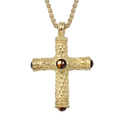 Collar de 36cm, con piedras de 6mm, con dije de cruz y mini donas en terminado de acero anticado en baño de oro de 22K - Joyería y bisutería fina