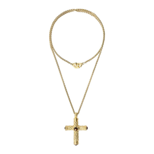 Collar de 36cm, con piedras de 6mm, con dije de cruz y mini donas en terminado de acero anticado en baño de oro de 22K - Joyería y bisutería fina