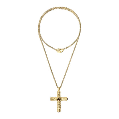 Collar de 36cm, con piedras de 6mm, con dije de cruz y mini donas en terminado de acero anticado en baño de oro de 22K - Joyería y bisutería fina