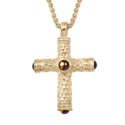 Collar de 42cm, con piedras de 6mm, con dije de cruz y cadena torsal en terminado de acero anticado en baño de oro de 22K - Joyería y bisutería fina