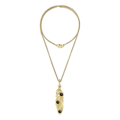 Collar de 36cm con piedras de 6mm, mini donas y dije de pluma en terminado de acero anticado en baño de oro de 22K - Joyería y bisutería fina
