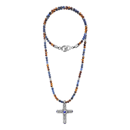 Collar de 39cm, con piedras de 4mm, con dije de cruz y mini donas en terminado de acero anticado - Joyería y bisutería fina