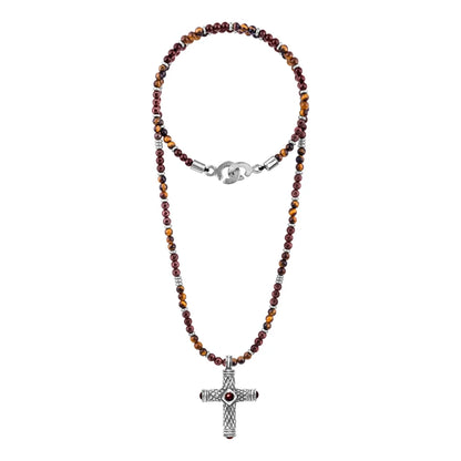 Collar de 39cm, con piedras de 4mm, con dije de cruz y mini donas en terminado de acero anticado - Joyería y bisutería fina