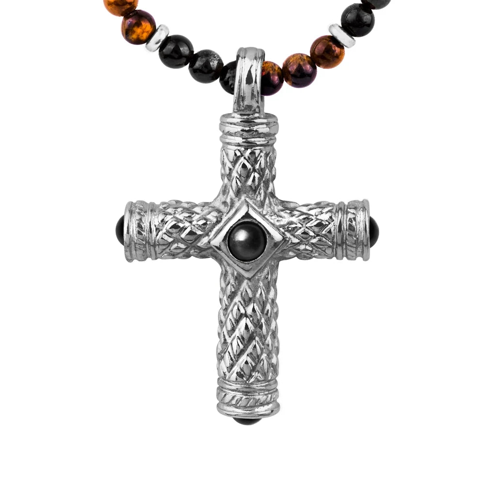 Collar de 39cm, con piedras de 4mm, con dije de cruz y mini donas en terminado de acero anticado - Joyería y bisutería fina