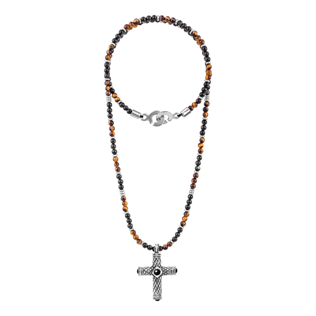 Collar de 39cm, con piedras de 4mm, con dije de cruz y mini donas en terminado de acero anticado - Joyería y bisutería fina