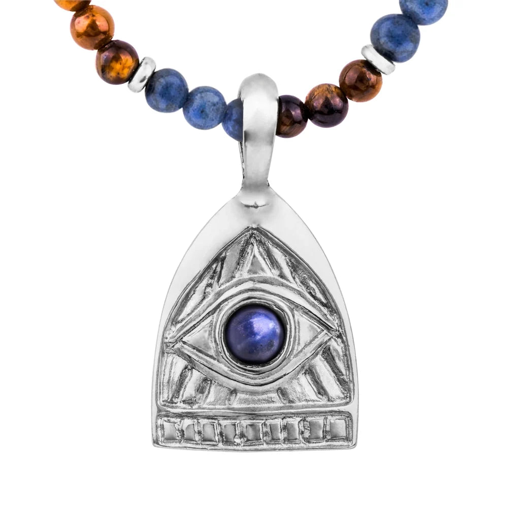 Collar de 39cm con piedras de 4mm, mini donas en acero, dije de ojo terminado en acero anticado - Joyería y bisutería fina