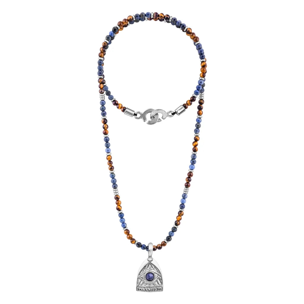 Collar de 39cm con piedras de 4mm, mini donas en acero, dije de ojo terminado en acero anticado - Joyería y bisutería fina