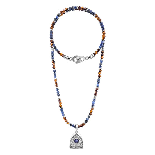Collar de 39cm con piedras de 4mm, mini donas en acero, dije de ojo terminado en acero anticado - Joyería y bisutería fina