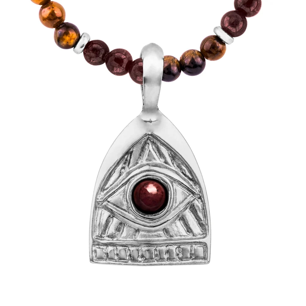 Collar de 39cm con piedras de 4mm, mini donas en acero, dije de ojo terminado en acero anticado - Joyería y bisutería fina