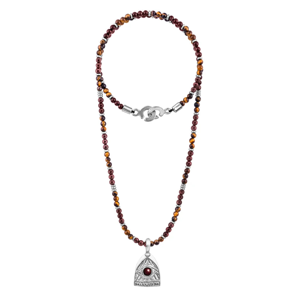 Collar de 39cm con piedras de 4mm, mini donas en acero, dije de ojo terminado en acero anticado - Joyería y bisutería fina
