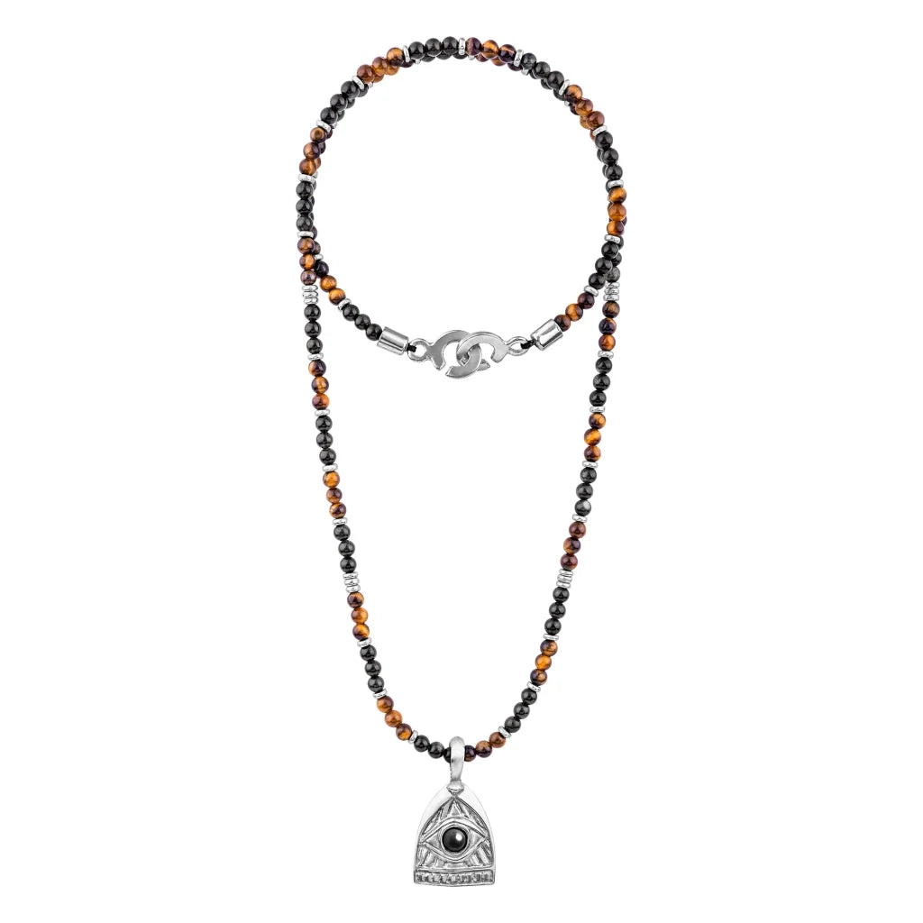Collar de 39cm con piedras de 4mm, mini donas en acero, dije de ojo terminado en acero anticado - Joyería y bisutería fina
