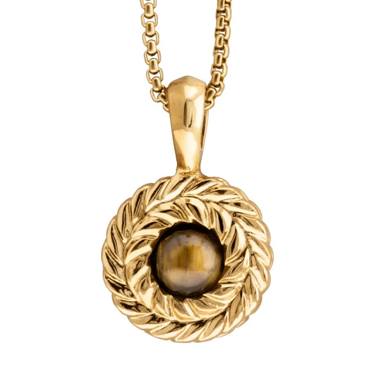 Collar de 33cm con piedra de 8mm, con dije de laurel y cadena en baño de oro de 22K - Joyería y bisutería fina
