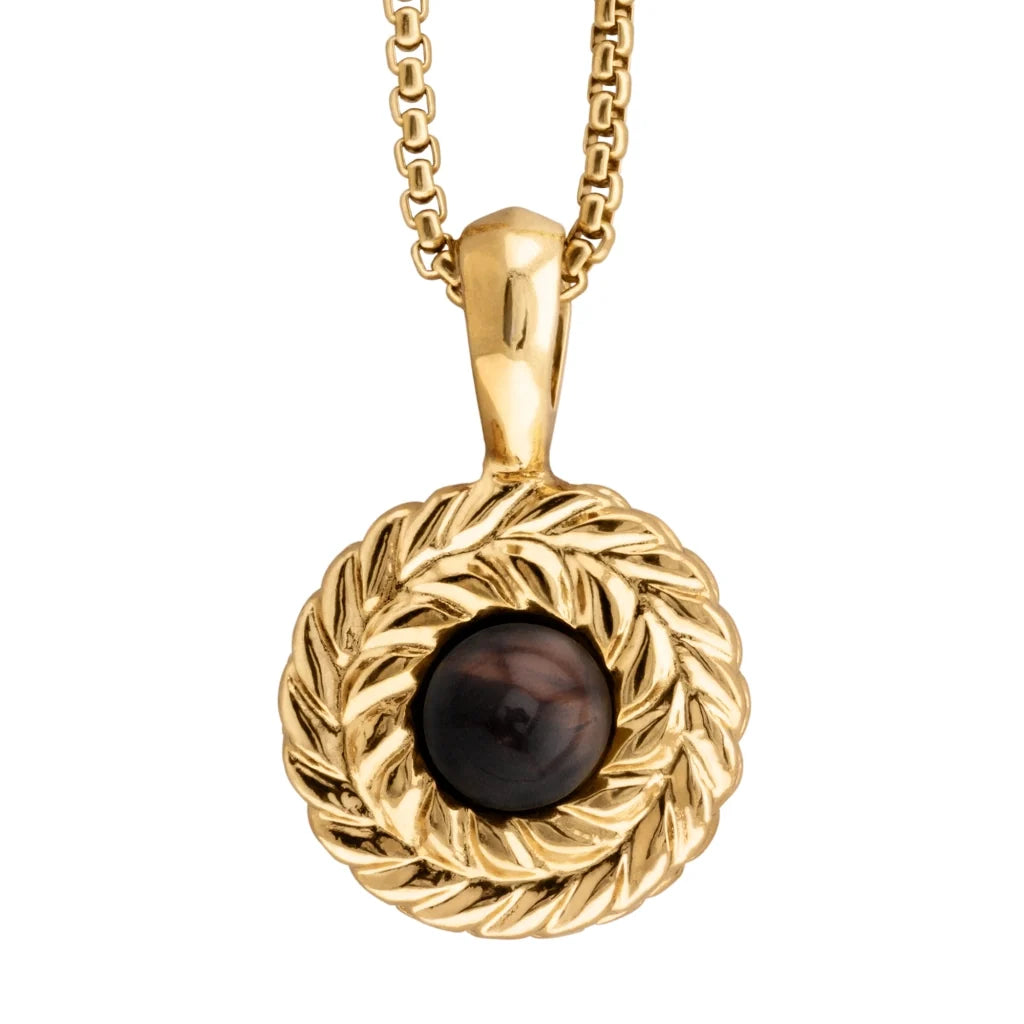 Collar de 33cm con piedra de 8mm, con dije de laurel y cadena en baño de oro de 22K - Joyería y bisutería fina