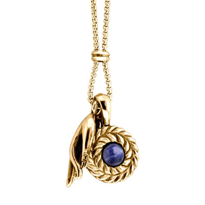 Collar de 62cm con piedra de 8mm, con dije de mano mudra, laurel y cadena en baño de oro de 22K - Joyería y bisutería fina