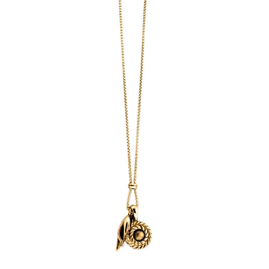 Collar de 62cm con piedra de 8mm, con dije de mano mudra, laurel y cadena en baño de oro de 22K - Joyería y bisutería fina