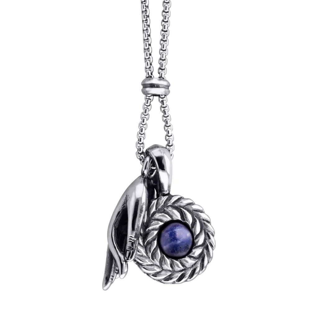 Collar de 62cm con piedra de 8mm, con dije de mano mudra, laurel y cadena en acero inoxidable - Joyería y bisutería fina