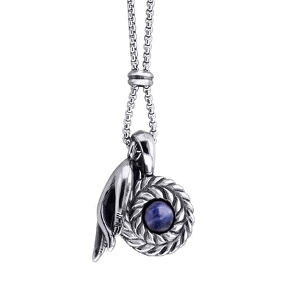 Collar de 62cm con piedra de 8mm, con dije de mano mudra, laurel y cadena en acero inoxidable - Joyería y bisutería fina