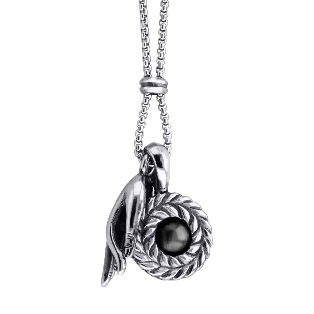 Collar de 62cm con piedra de 8mm, con dije de mano mudra, laurel y cadena en acero inoxidable - Joyería y bisutería fina