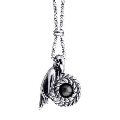 Collar de 62cm con piedra de 8mm, con dije de mano mudra, laurel y cadena en acero inoxidable - Joyería y bisutería fina