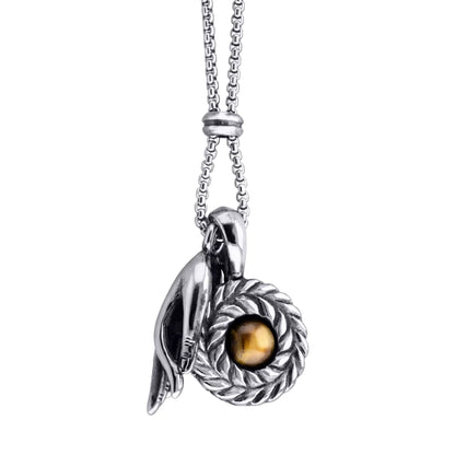 Collar de 62cm con piedra de 8mm, con dije de mano mudra, laurel y cadena en acero inoxidable - Joyería y bisutería fina