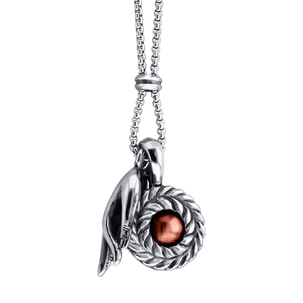 Collar de 62cm con piedra de 8mm, con dije de mano mudra, laurel y cadena en acero inoxidable - Joyería y bisutería fina