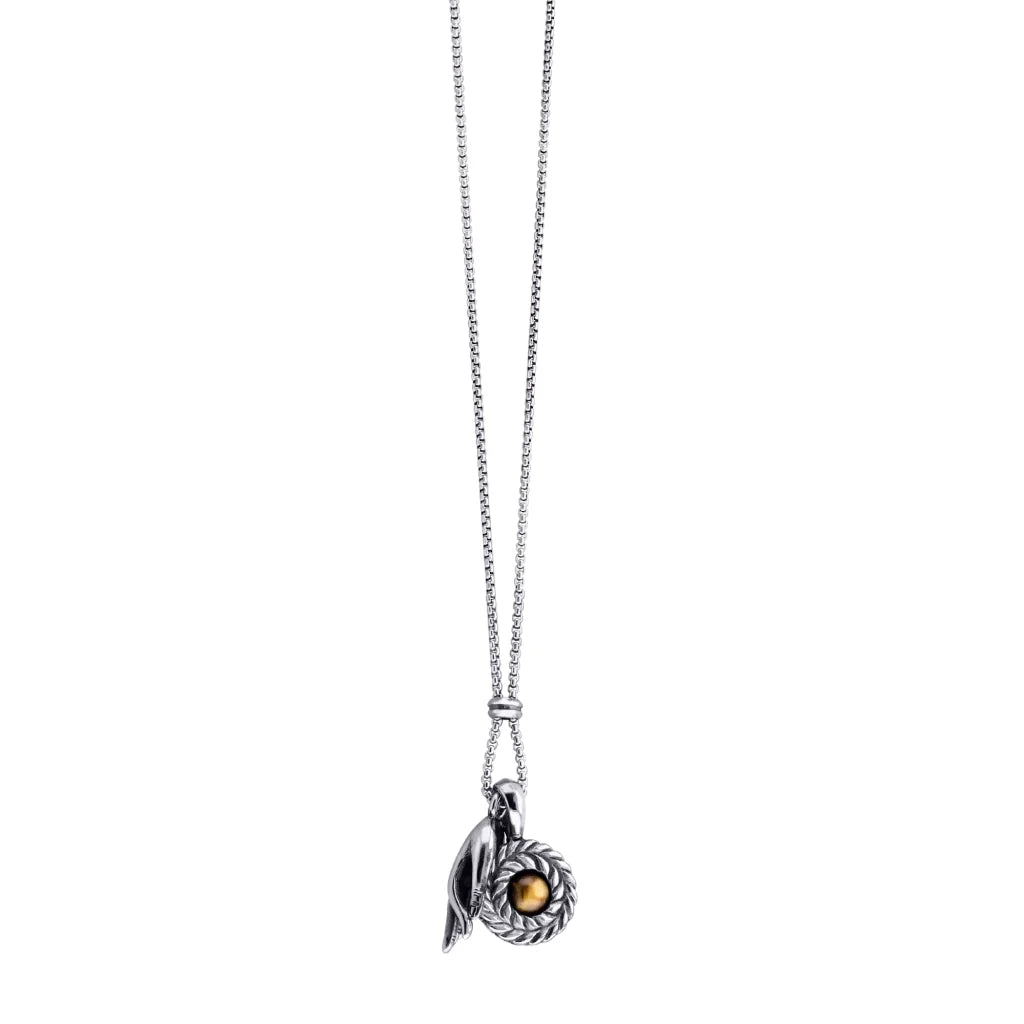 Collar de 62cm con piedra de 8mm, con dije de mano mudra, laurel y cadena en acero inoxidable - Joyería y bisutería fina