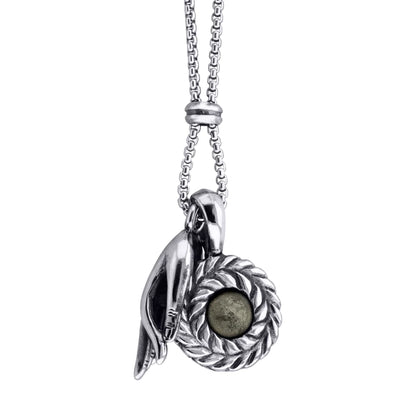 Collar de 62cm con piedra de 8mm, con dije de mano mudra, laurel y cadena en acero inoxidable - Joyería y bisutería fina