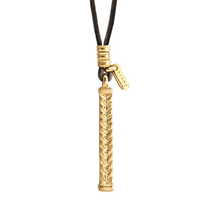 Collar de 44cm de piel natural de borrego, con dije de columna de laurel de acero en baño de oro de 22K - Joyería y bisutería fina