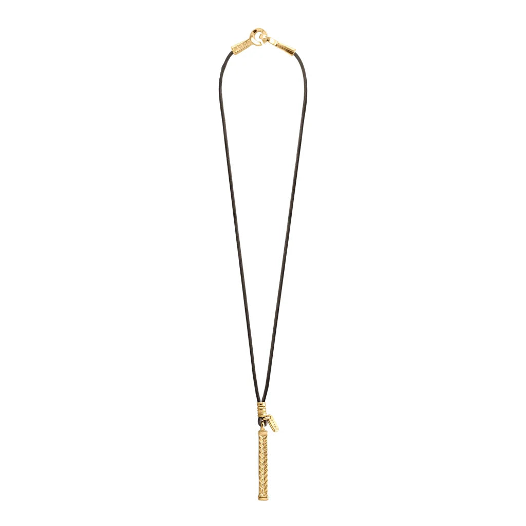 Collar de 44cm de piel natural de borrego, con dije de columna de laurel de acero en baño de oro de 22K - Joyería y bisutería fina