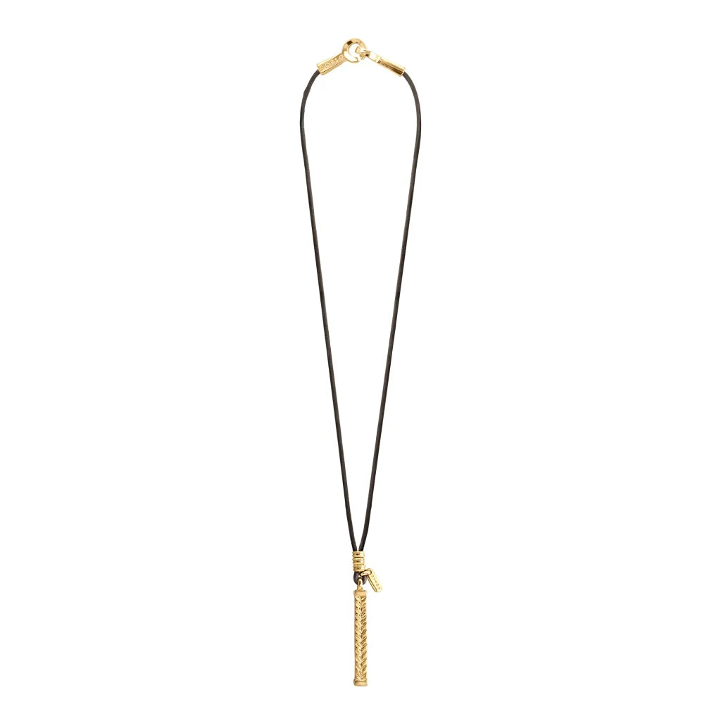 Collar de 44cm de piel natural de borrego, con dije de columna de laurel de acero en baño de oro de 22K - Joyería y bisutería fina