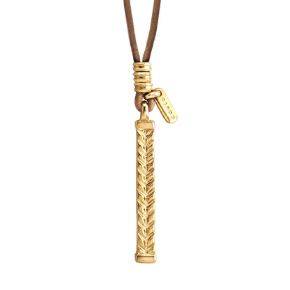 Collar de 44cm de piel natural de borrego, con dije de columna de laurel de acero en baño de oro de 22K - Joyería y bisutería fina