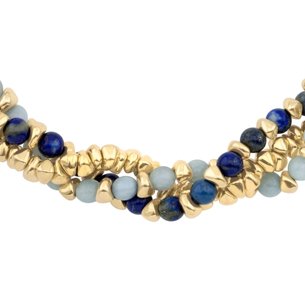 Collar de 58cm de piel natural de borrego en trenza redonda de 4 hilos, con piedras semipreciosas 8mm, con semillas en baño de oro de 22K - Joyería y bisutería fina